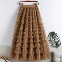 Medium-length Wire Mesh Spliced Cake Skirt 2023 Spring Summer Autumn/winter New Style A- line Long Dress Puffy Dress