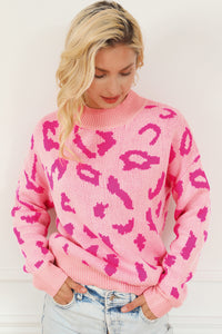 Bonbon Leopard Pattern Mock Neck Ribbed Trim Sweater