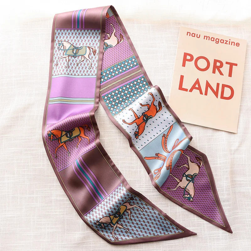 Long Silk Scarf Bag Tie Lady Neck Skinny Scarves Hairband Foulard Horse Print Brand Lady Neckerchief Ribbon 2021 Spring New