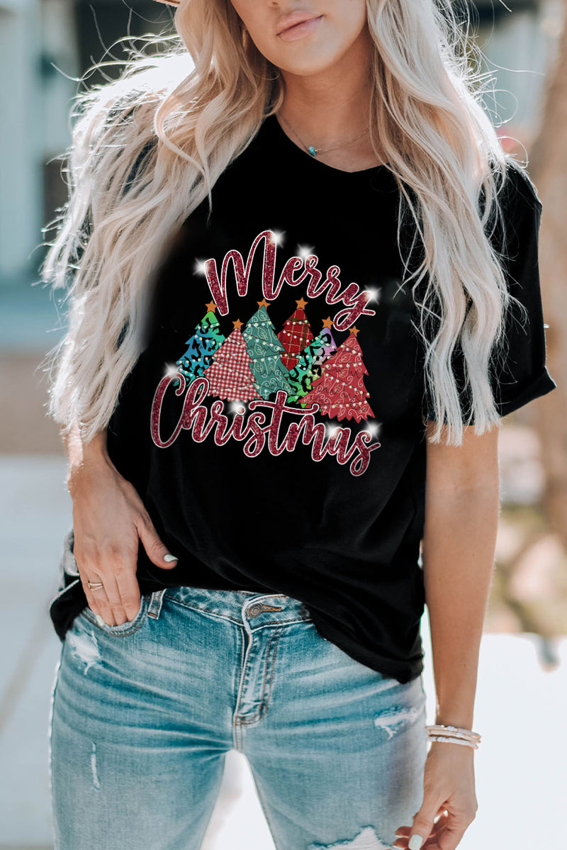 Black Merry Christmas Tree Pattern Graphic Tee