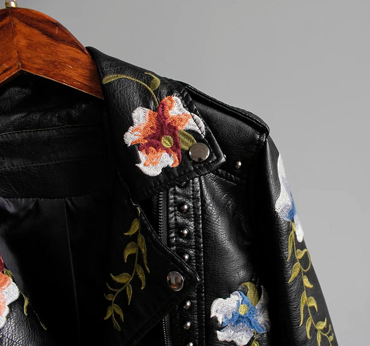 Ly Varey Lin Floral Print Embroidery Faux Soft Leather Jacket Women Pu Motorcycle Coat Female Black Punk Zipper Rivet Outerwear