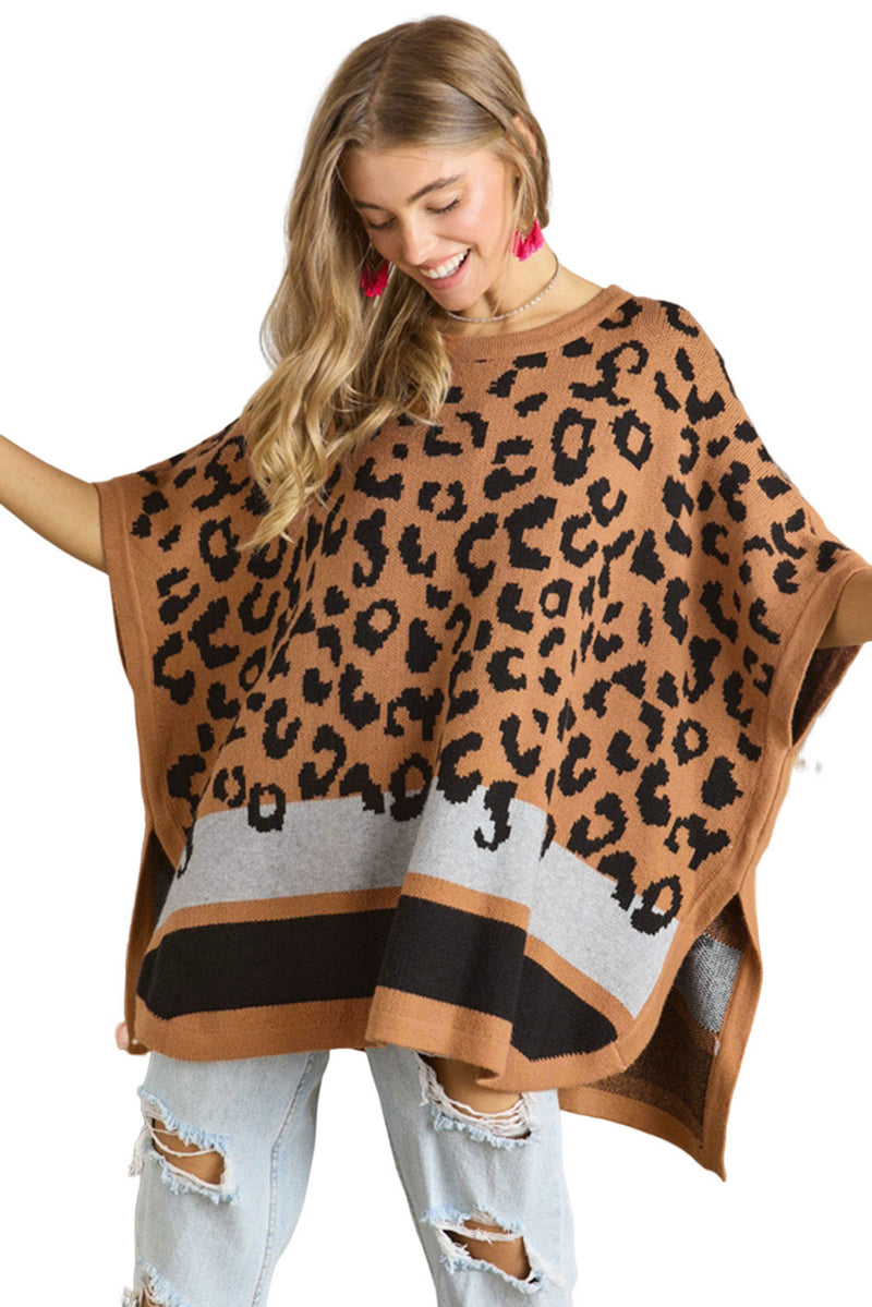 Camel Leopard Print Poncho Sweater