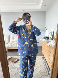 100% Cotton Pajamas for Women Loose Cartoon Long Sleeve Pants Loungewear Women 2 Piece Set Pj Women Outfit Sleepwear Set Pijamas