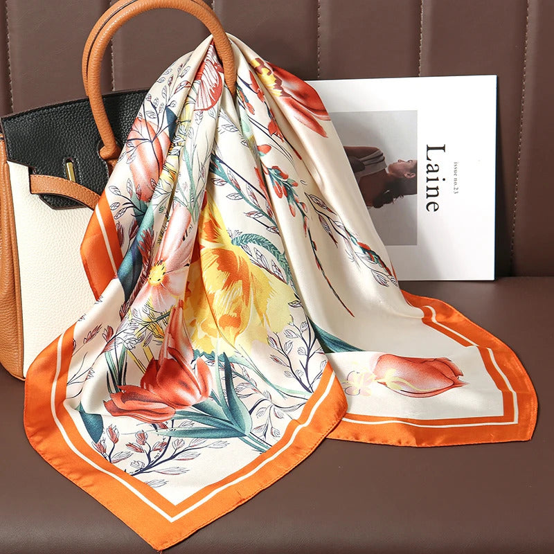 Luxury Print Satin Silk Square Scarf for Women Shawl Hijab Neckerchief Female Hair Ribbon Headband Fashion Wrap Bandana 2023 New