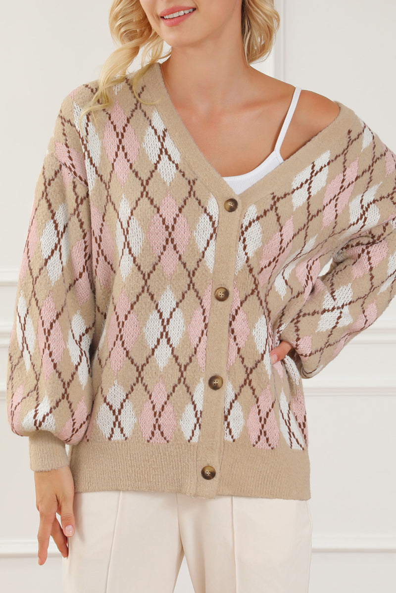 Multicolour Rhombus Pattern Knit Sweater Cardigan