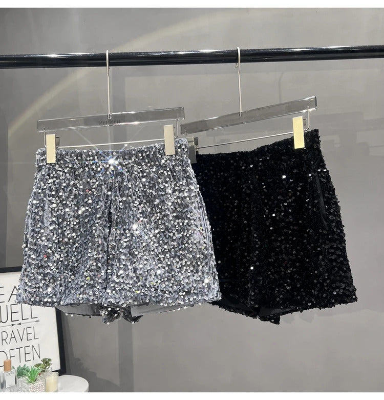 Europe and America Sequined Black Shorts Slim Suede Embroidered Beads Grey Casual Pants Women's Hot Pants