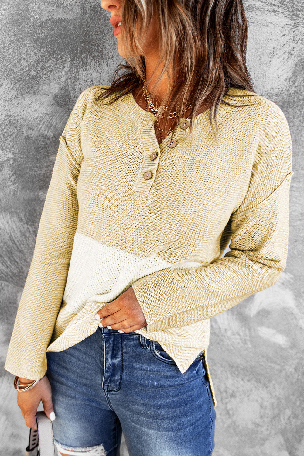 Brown Splicing Buttoned Knitted Long Sleeve Sweater