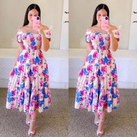 Elegant Women's Off Shoulder Midi Dress 2024 Summer Fashion dresses High Waist Flower Print Short  Sleeve Dress Robe Clothing