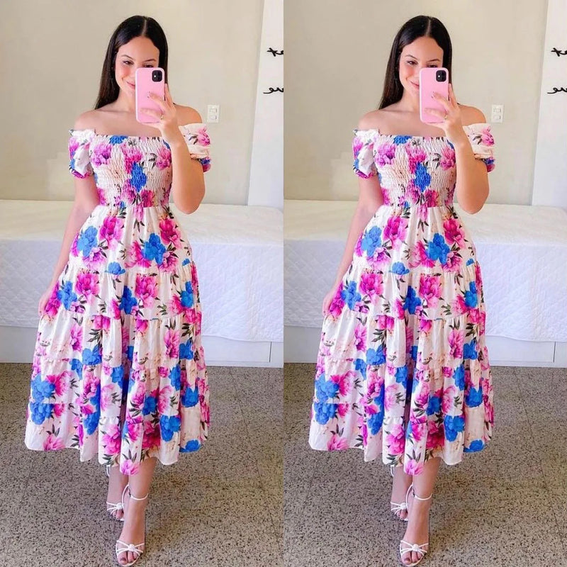 Elegant Women's Off Shoulder Midi Dress 2024 Summer Fashion dresses High Waist Flower Print Short  Sleeve Dress Robe Clothing