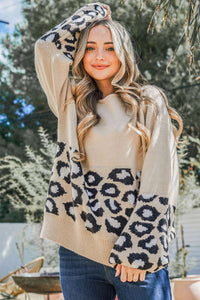 Khaki Leopard Patchwork Knitted Puff Sleeve Sweater