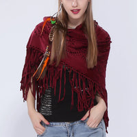 Women's Loose Suede Fringe Open Poncho Cloak Shawl Wrap with Punch Hole Patterns and Graceful Fringes Dropshipping