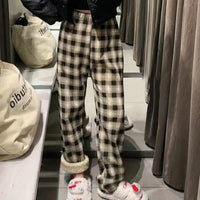 Padded Thickened Wide Leg Pants Winter LambswoolPlaid Pants Female High Waist Casual Straight Pants