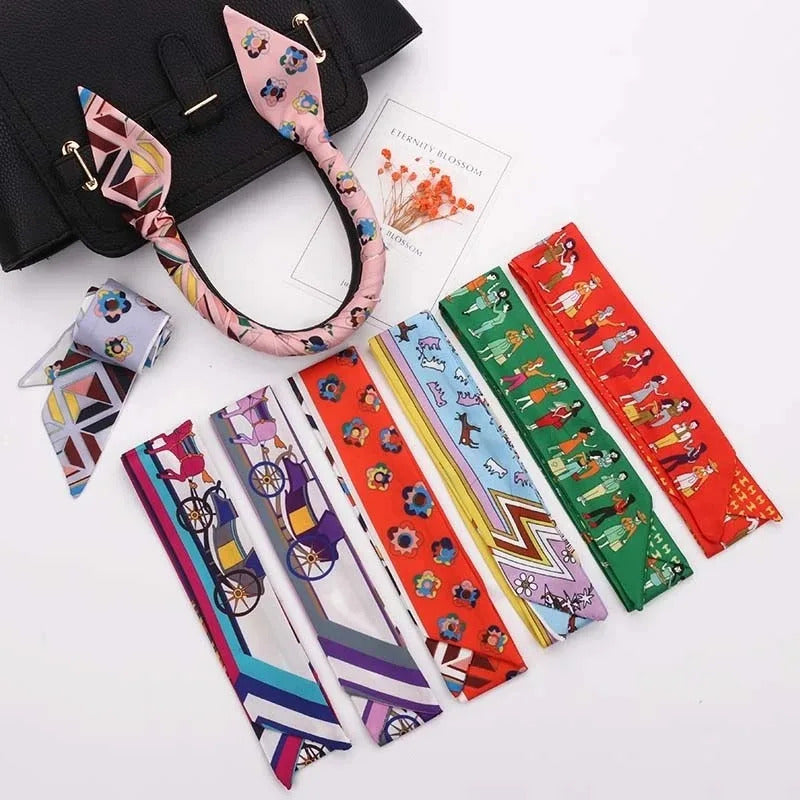 2024 Spring Border New Geometric Diamond Small Flowers Women's Decorative Small Silk Scarf Bundle Bag Handle Ribbon Small Scarf