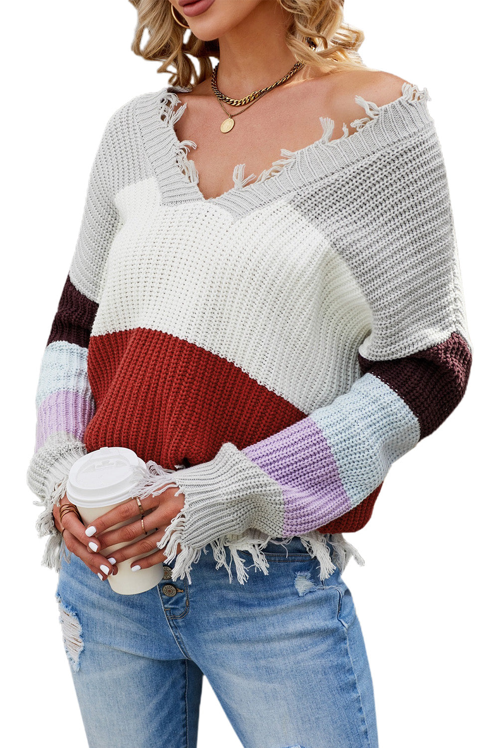 Gray Colorblock Distressed Sweater