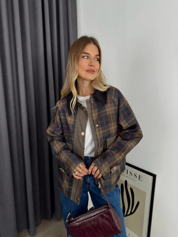 Vintage Plaid Patchwork Women Jacket Lapel Full Sleeves Covered Button Zippers Female Coat 2024 Autumn Fashion Street Outwear