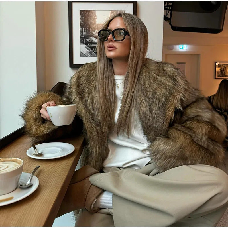 2025 Women Chic Brown Oversized Full Sleeve Plush Furry Jacket Winter Luxury Lapel Thicken Fluffy Fur Coat Lady High Streetwear