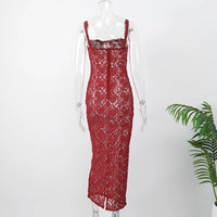 Women Chic Burgundy Lace Back Slit Maxi Dress Sexy Skinny Square Neck Backless Sling Robe 2024 New Lady Elegant Cocktail Dresses