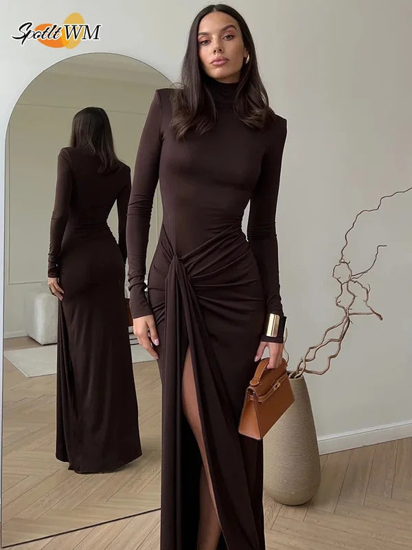 2024 Fashion Turtleneck Thigh High Split Sexy Maxi Dress For Women Fashion Long Sleeve Draped Bandage Bodycon Club Long Dresses