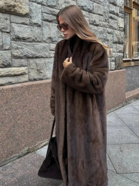 Women's Dark Brown Faux Fur Warm Long Coat Single Breasted Oversized Thickened Overcoat Winter Fluffy Plush Female Outerwear