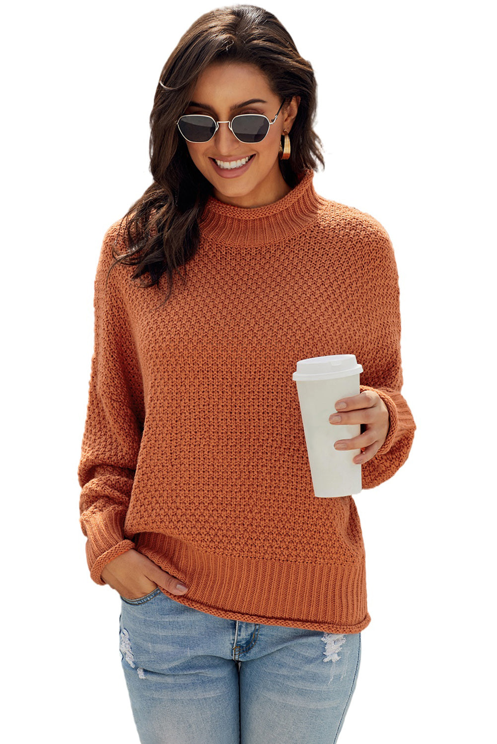 Orange Oversized Chunky Batwing Long Sleeve Turtleneck Sweater