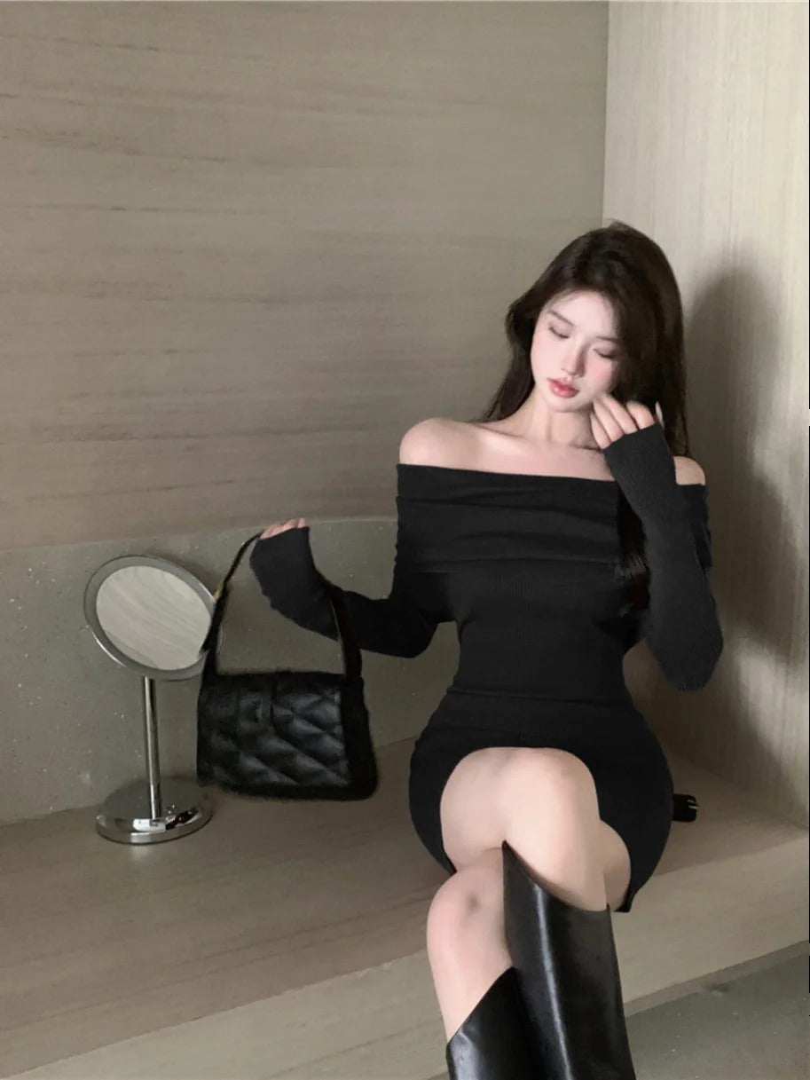 Sexy Dresses Women Backless Knitting Slim Y2k Girls Tender Korean Style Soft Casual Autumn Slash Neck Hotsweet Cozy New Clubwear