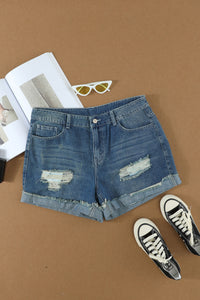 Blank Apparel - Distressed Ripped Rolled Hem Blue Denim Shorts