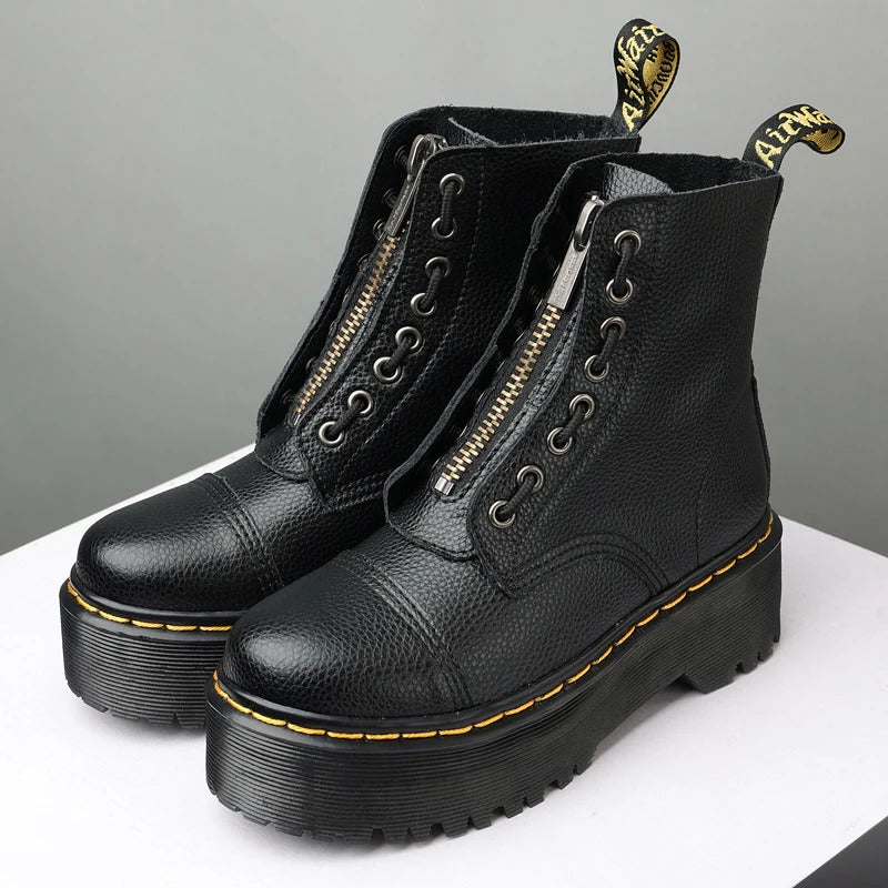 Women Boots Genuine Leather Platform Boots Motorcycle Shoes Front Zipper Optical Soles Fashion Sexy Punk Men Winter Boots 35-46