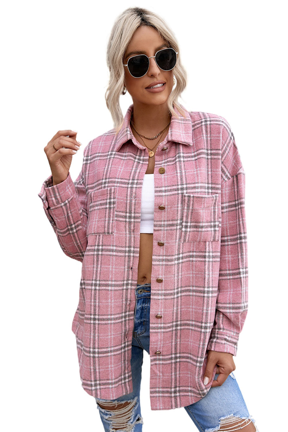 Black Plaid Pattern Buttoned Shirt Coat with Slits