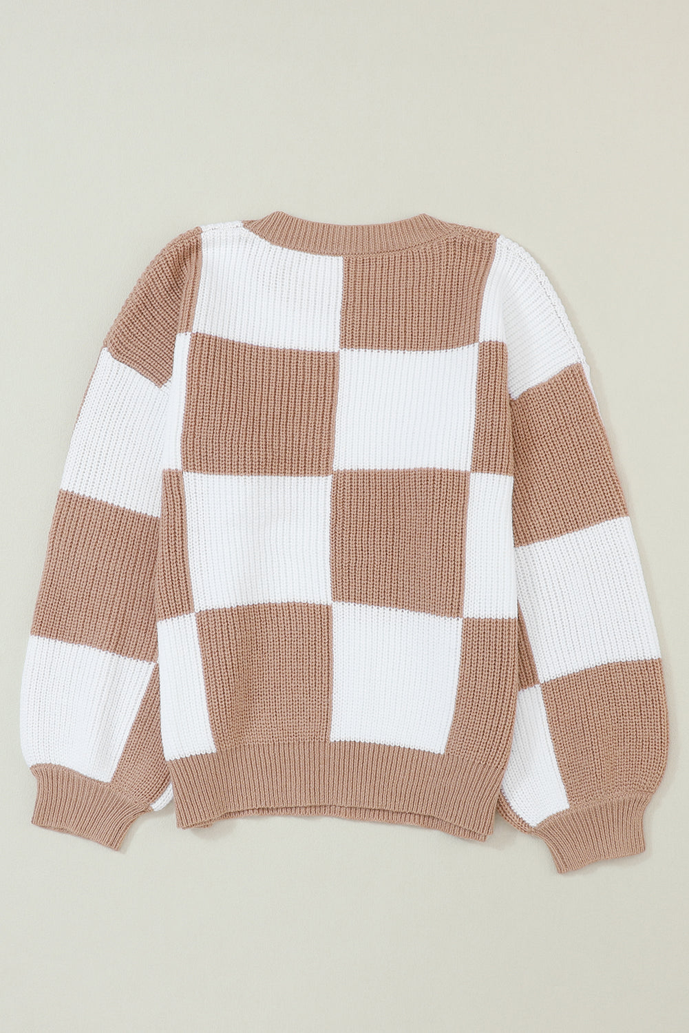 Checkered Ribbed Knit Puff Sleeve Sweater