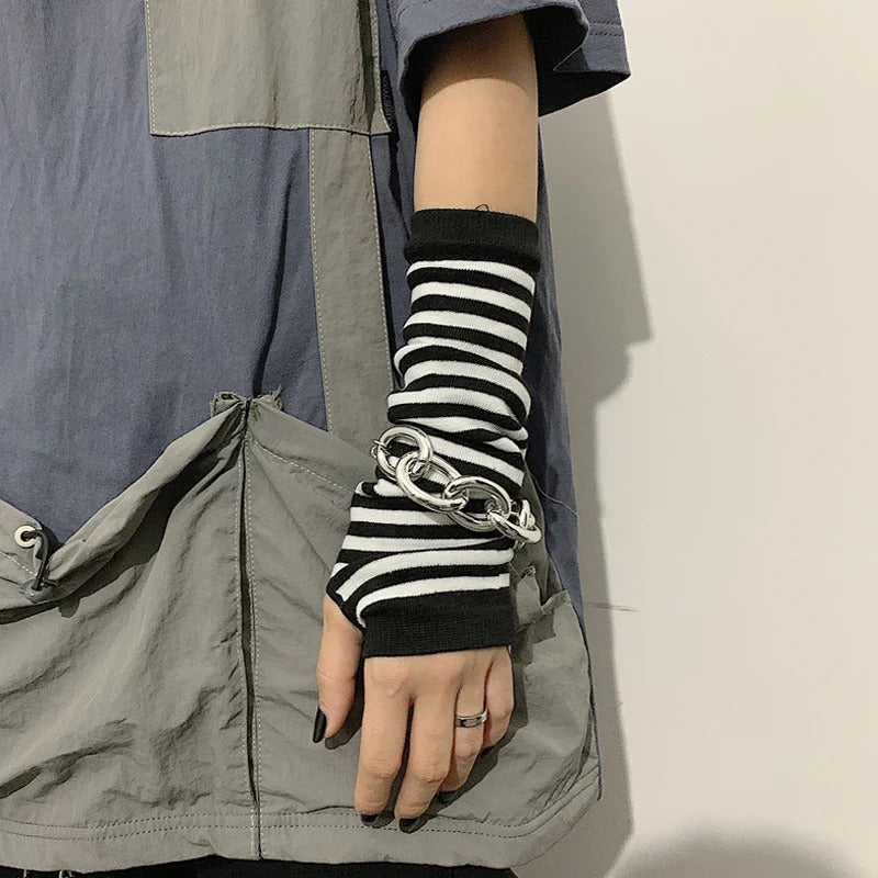 Punk Long Sleeves Fingerless Gloves Cuff for Women Men Stripe Hip-Hop Knitted Elbow Mittens Elastic Winter Arm Warmer Outdoor