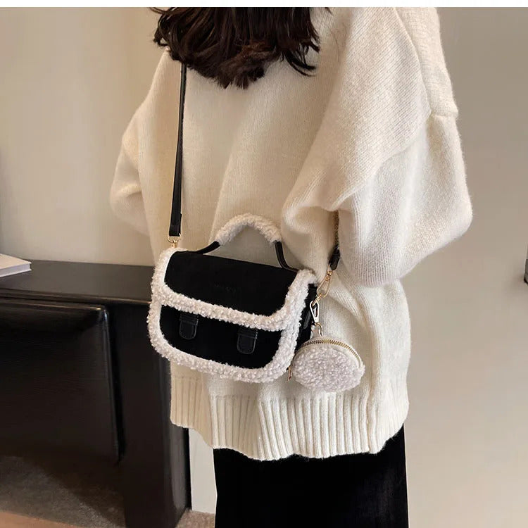 2023 Winter New Women's Plush Small Square Bag Color Contrast Design Single Shoulder Crossbody Bag Brown Handbag