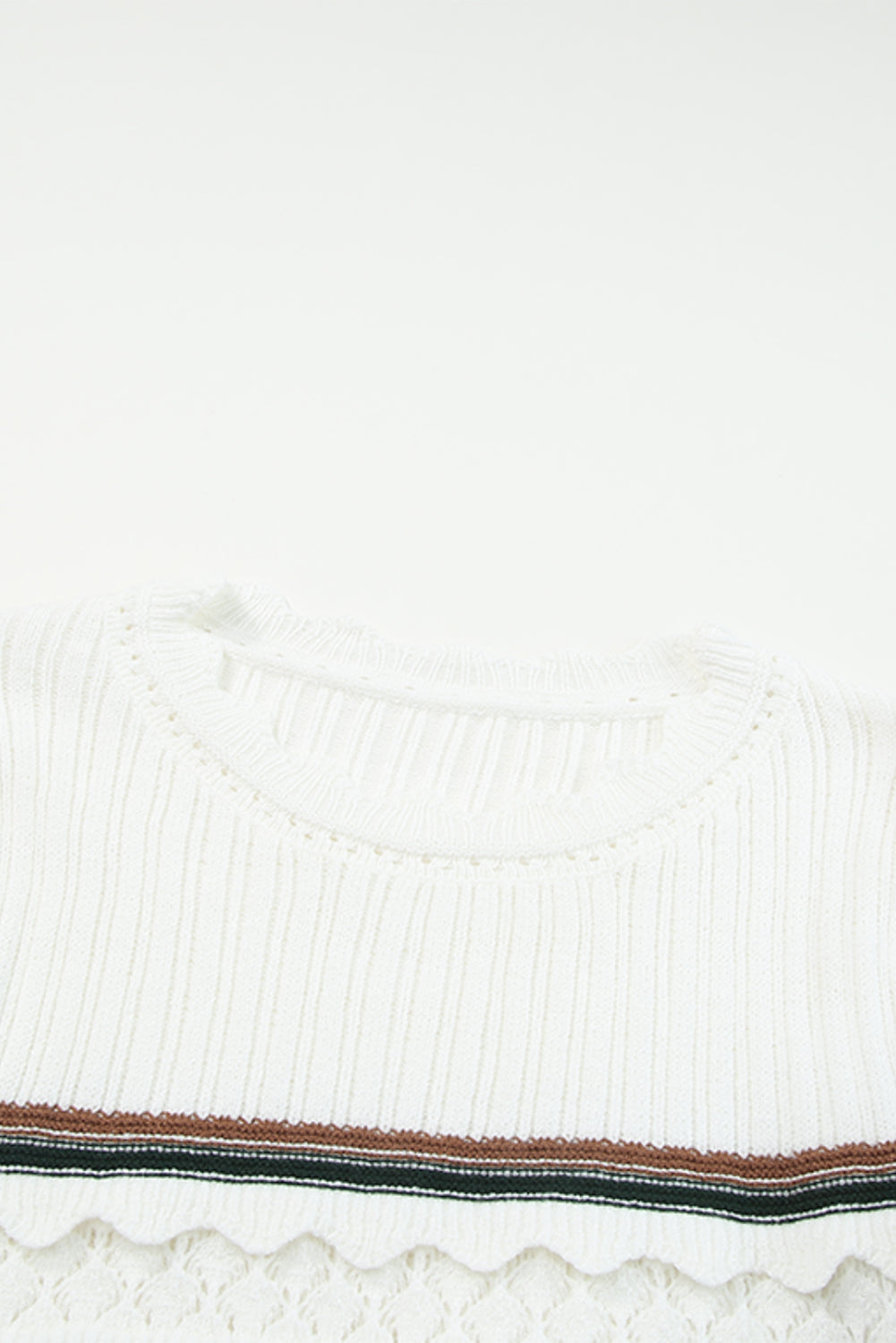 White Striped Ribbed Scalloped Detail Knit Sweater