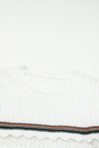 White Striped Ribbed Scalloped Detail Knit Sweater