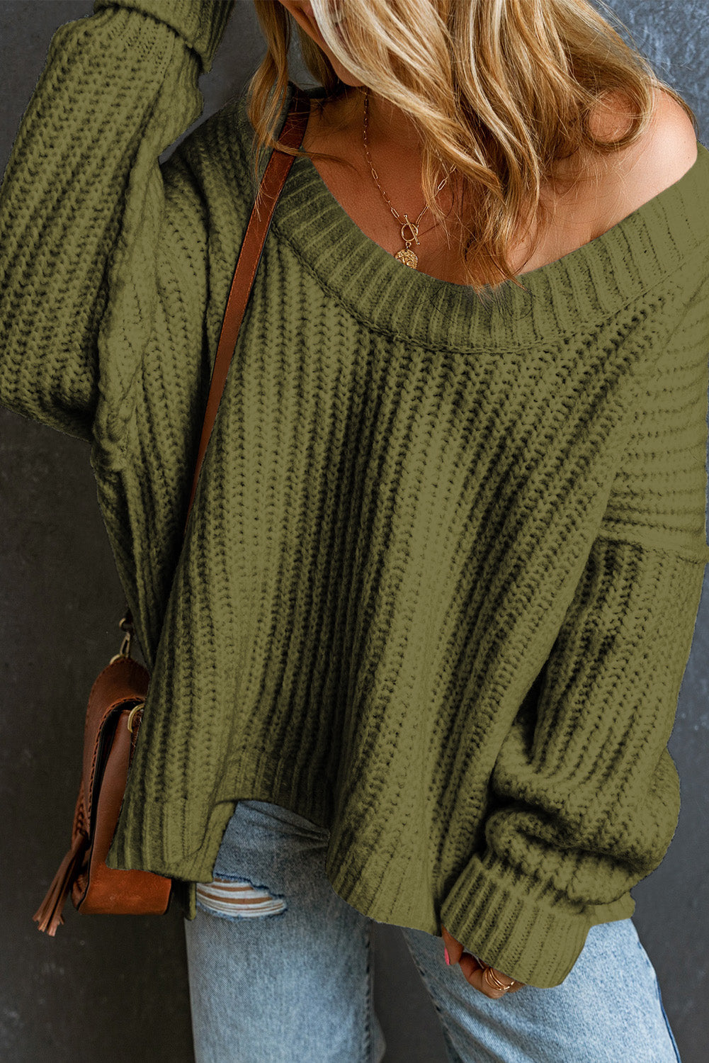 Khaki Ribbed Knit Round Neck Slouchy Chunky Sweater