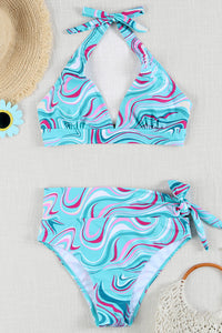 Sky Blue Stripe Swirl Camo Print High Waist Halter Bikini