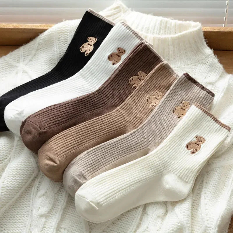 5 Pairs Bear Embroidery Low Cut Ankle Socks, Cute Summer Breathable Sports Socks, Women's Socks