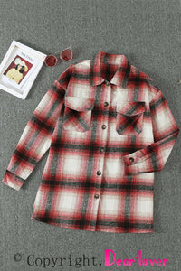 Fiery Red Turn down Neck Plaid Pocket Button Closure Coat