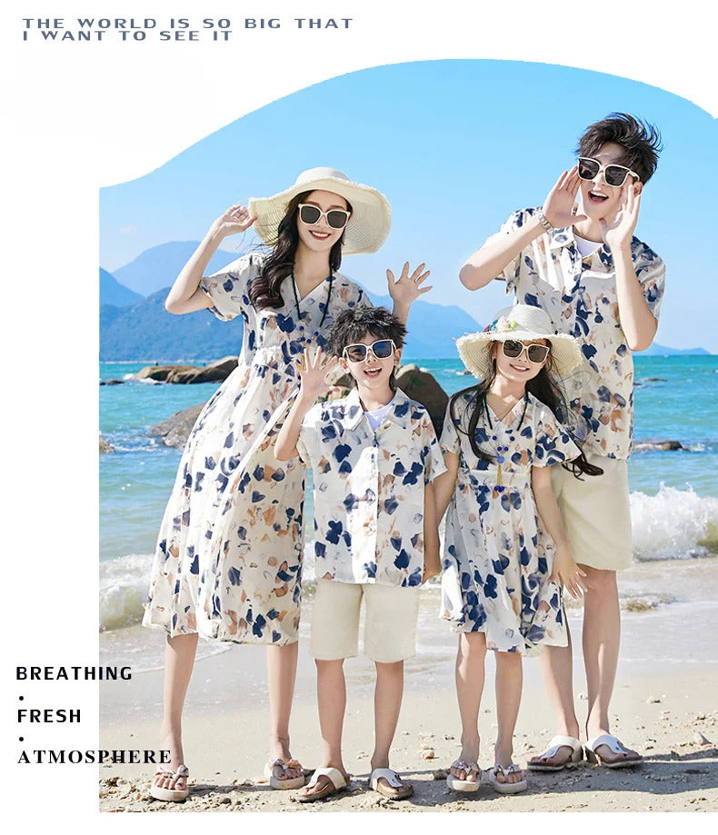 2024 Summer Holiday Family Vacation Look Clothes Dad and Son Shirts Two Piece Outfits Sets Mom and Daughter Short Sleeve Dress