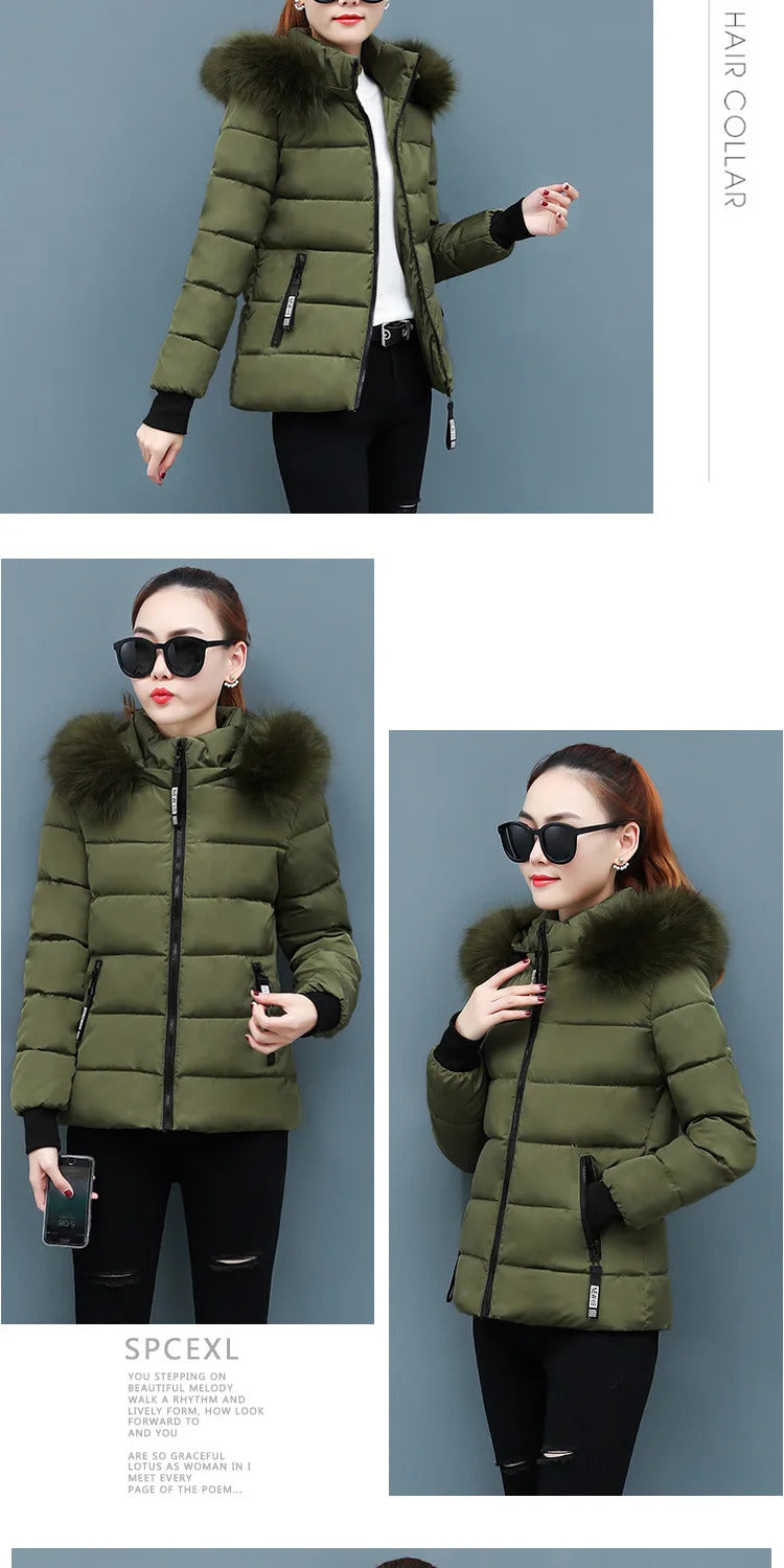 Zipper Fur Hooded Short Down Cotton Jacket Thickened Coat Fall Winter Casual Elegant Long Sleeve Warm Pockets Women Clothing New