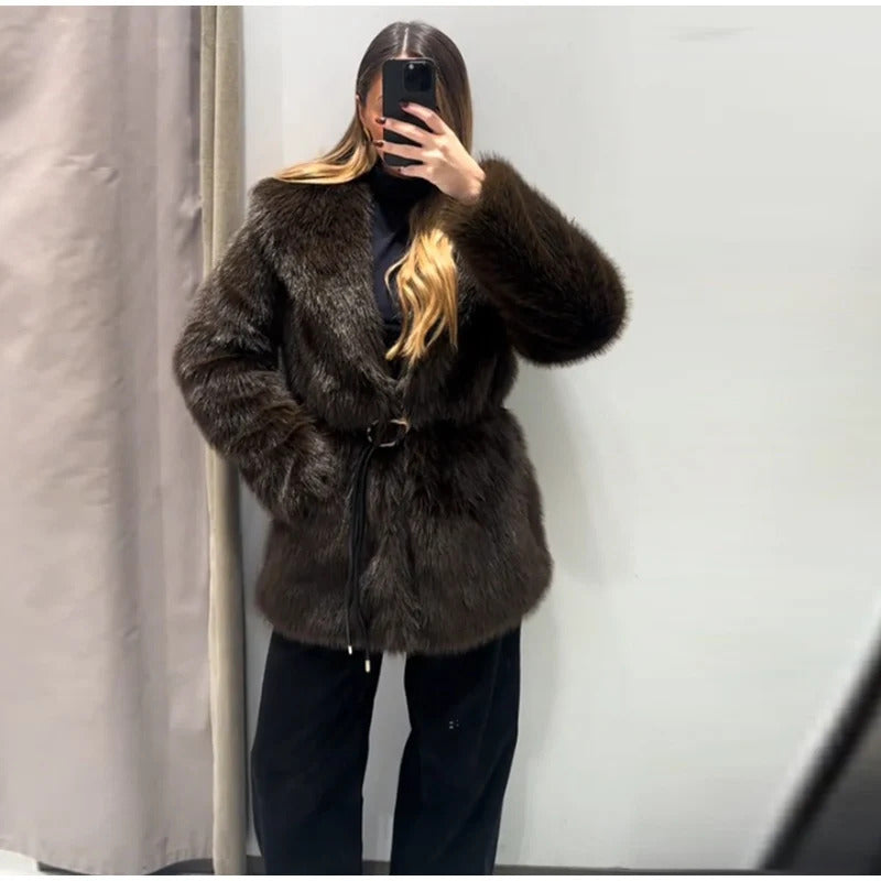 Street Women's Long Fluffy Fur Coat With Belt Slim Lapel Long Sleeve Thicken Overcoat 2024 Winter Lady Elegant Luxury Outwear