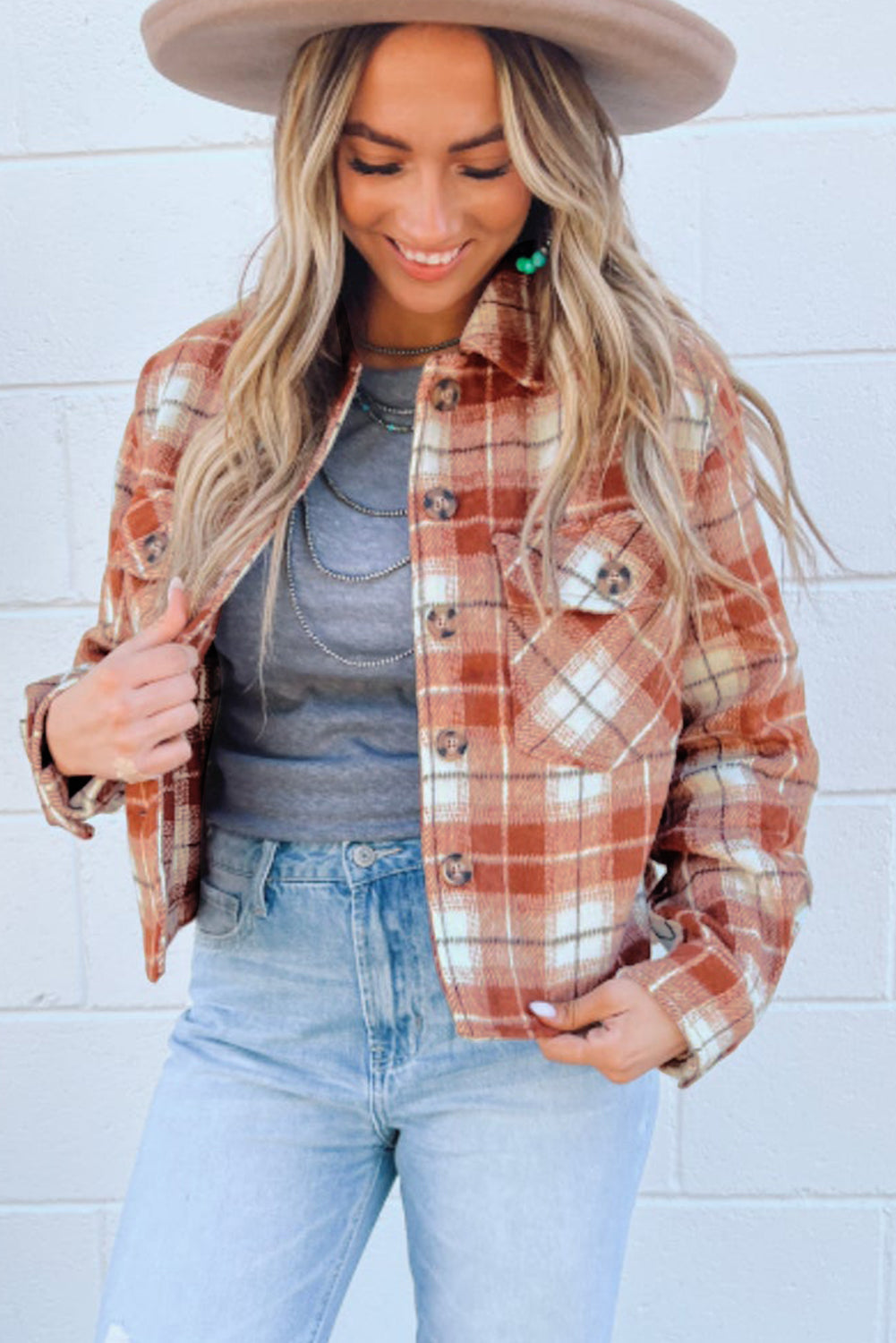 Orange Plaid Button-Up Flap Pocket Jacket