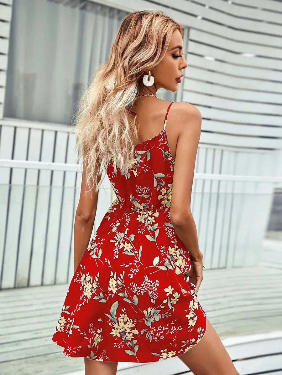 Sexy Floral Print Short Dress Women Summer Fashion Black Backless Beach Sundress Casual Sleeveless Lace-up New In Dresses 2024