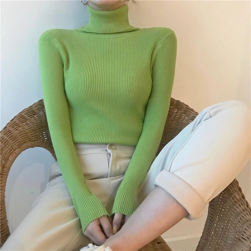 2024 Autumn Winter Thick Sweater Women Knitted Ribbed Pullover Sweater Long Sleeve Turtleneck Slim Jumper Soft Warm Pull Femme