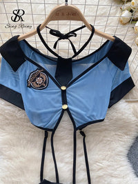 SINGREINY Women Preppy Style Sexy Uniform Sets 2023 V Neck Sheer Top+Lace Up Mini Skirt+Thongs Hollow Out Cosplay Porn Suits