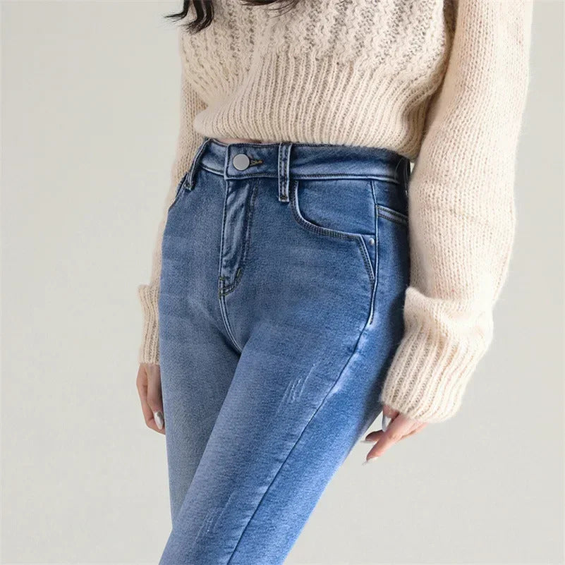 Women Thermal Skinny Jeans Mom Winter Warm Plush Stretch Jeans Lady Fleece Snow Denim Pants Student Pencil Straight Leg Trousers