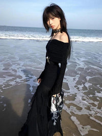 Rockmore Black Slash Neck Party Dresses Elegant Fashion Ruffled Side Slit Slim Long Dress Off Shoulder Women Vacation vestidos