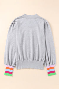 Gray Crew Neck Colorful Striped Cuffs Puff Sleeves Sweater