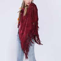 Women's Loose Suede Fringe Open Poncho Cloak Shawl Wrap with Punch Hole Patterns and Graceful Fringes Dropshipping