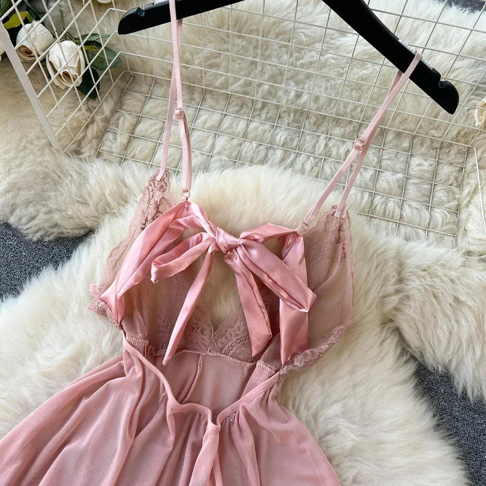 Strap Bow Hot Women Nightwear Mesh Sexy Night Dress Thin Tansparent Lace Pajamas Dress+Thong 2024 Lady Romantic Backless Nightie