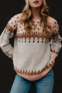 Multicolor Mixed Geometric Detail Raglan Sleeve Sweater